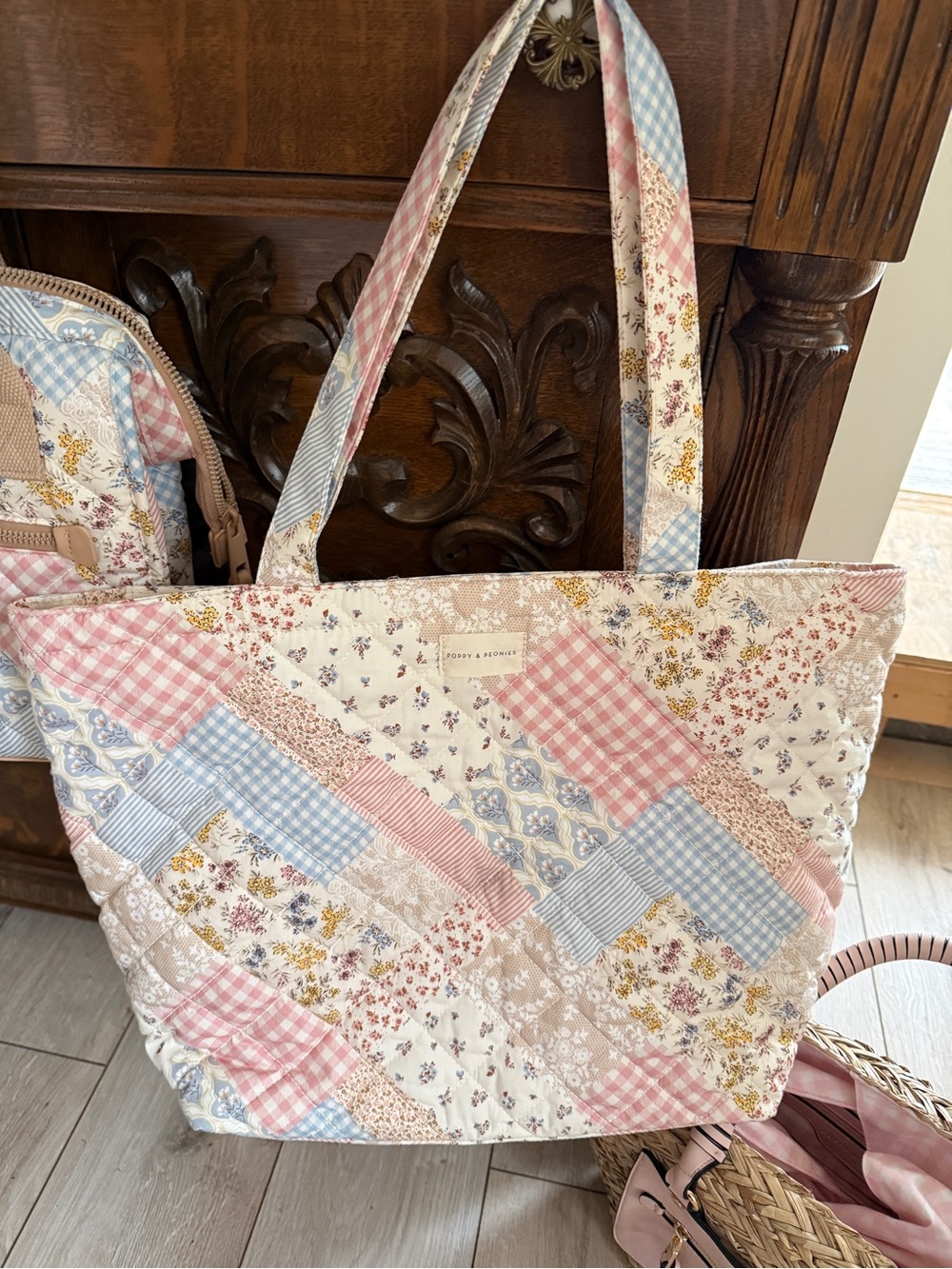 Poppy and Peonies Quilted Patchwork Tote Bag - Pink & Blue